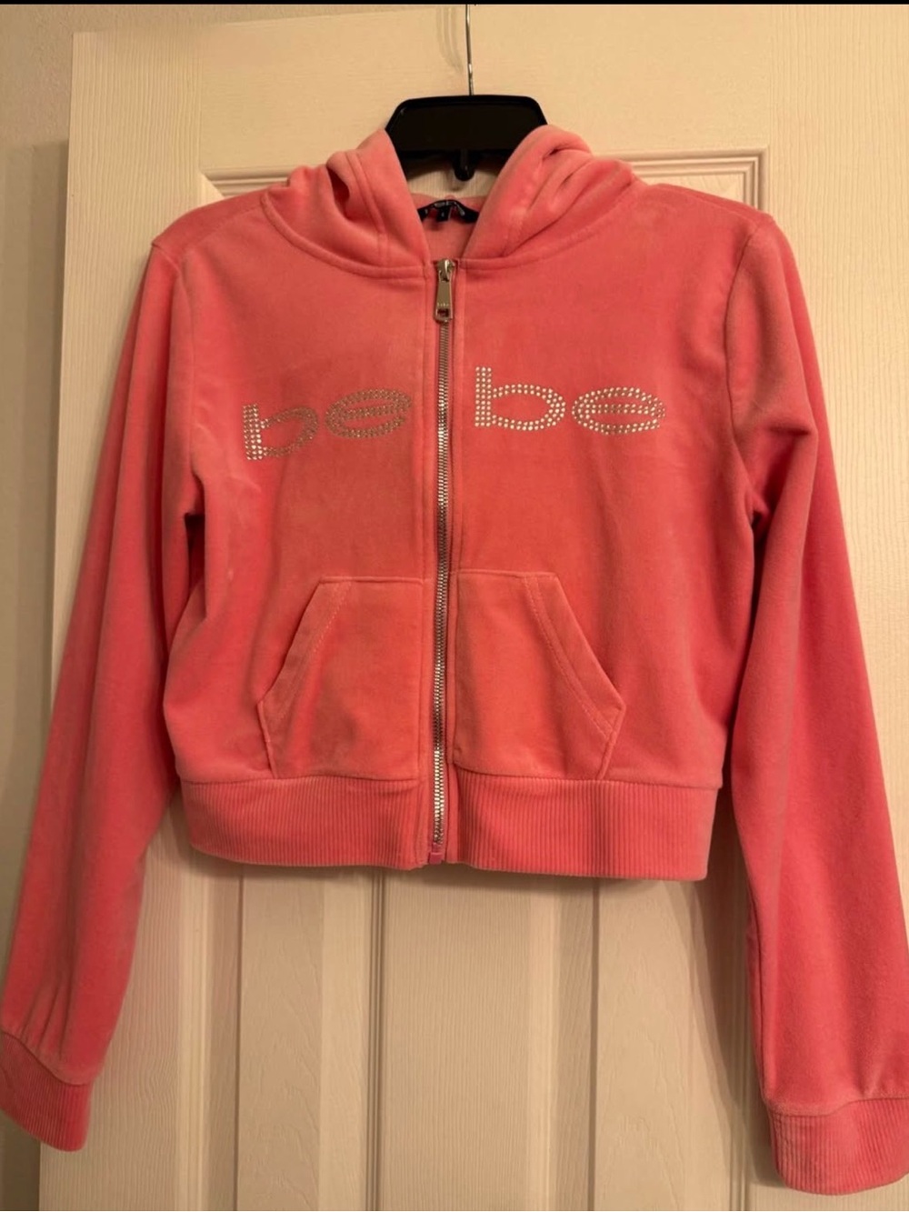 bebe Pink Velour Zip-Up Hoodie with Rhinestone Logo
